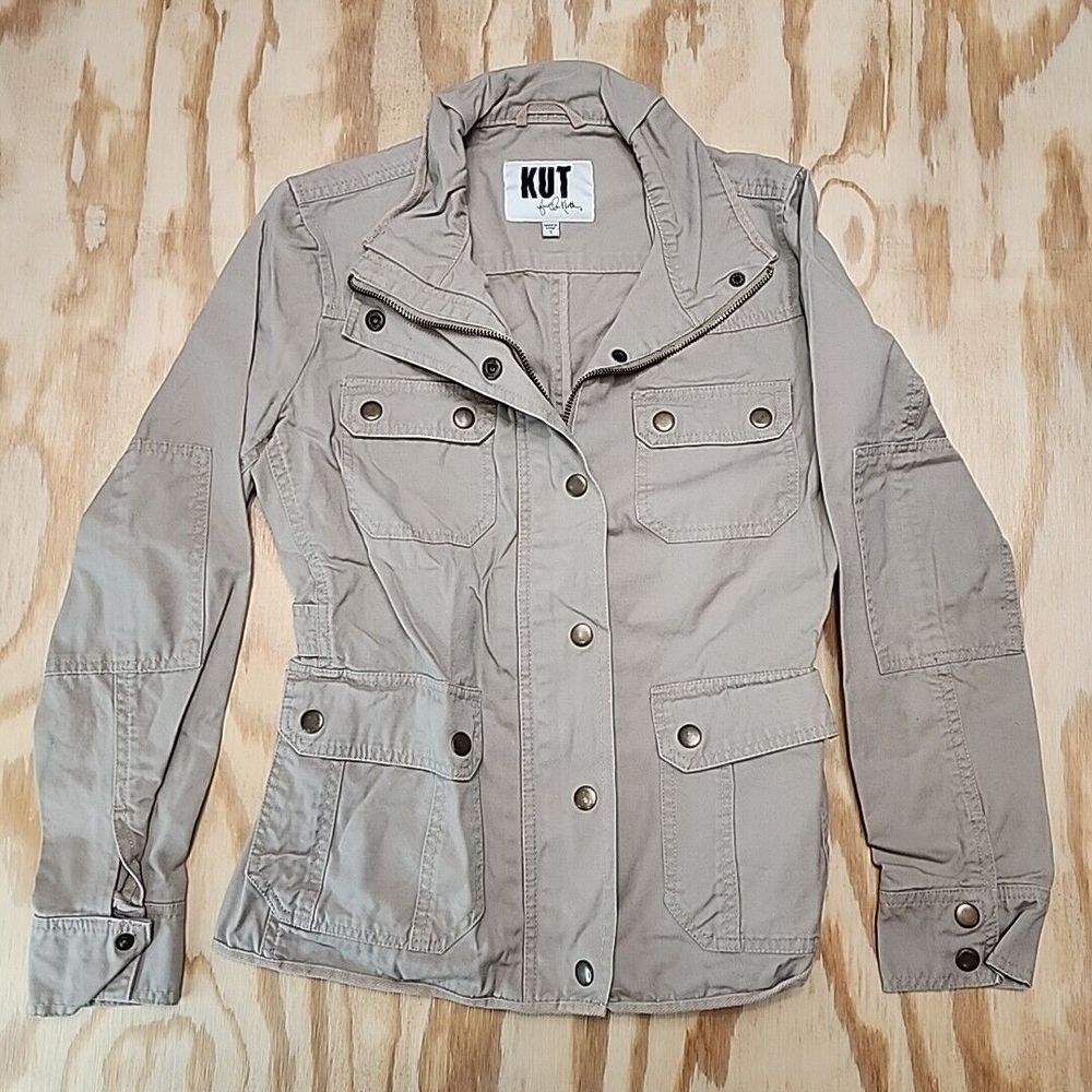 KUT FROM THE KLOTH‎ Women's CARGO JACKET~Size S~COTTON Tan Full ZIP + SNAP EUC - Picture 2 of 10